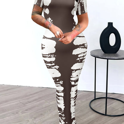 Plus Size, Plus-size Women's Bodycon Dress, Square Neck Tie-dye Short Sleeves- Slim And Elegant, Suitable for Parties And Daily Outings, Spring And Summer Fashion