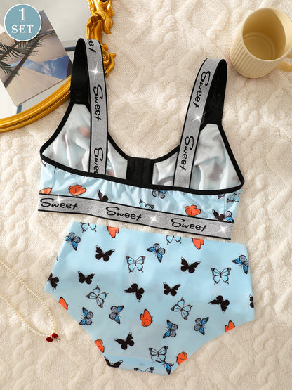 A Set of Butterfly Print Front-Button Women'S Lingerie, Featuring Wide Straps, a Wireless Bra, And Seamless Panties, Soft And Comfortable, Perfect for Everyday Wear in Autumn And Winter.