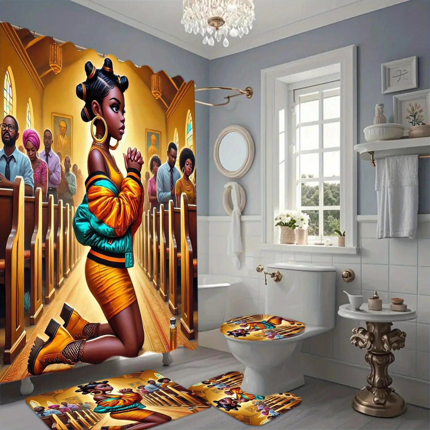 1/4 Shower Curtain Set - Christian Church Prayer Scene with Golden Pews, Non-Slip Bath Mat & Toilet Seat Cover, Machine Washable Bathroom Decor - Religious Bathroom Decoration for Christmas, Thanksgiving, Easter - Spiritual G