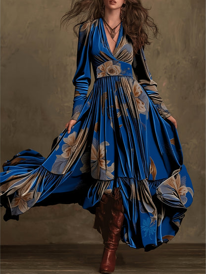 [Elegant V-Neck Maxi] Royal Blue Floral Waist-Tie Maxi Dress for Women | Retro Bohemian Style, Elegant V-neck, Perfect for Fall/Winter, Suitable for Vacation Outfits, Party Looks, and Light Occasion Ensembles