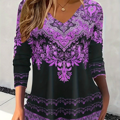 Women'S Plus Size Oversized Loose Fit Long Sleeve V-Neck T-Shirt with All-Over Floral Print - Purple & Casual Elegant Top, All-Season Comfort, Sizes 0XL-32XL, Breathable Everyday Shirt for Women