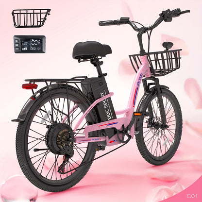 Cruiser Electric Bike For Women, 500W Motor 36V/10.4Ah Removable Battery, 25-40 Miles 20MPH, 24 Inch Electric Bike High-Carbon Steel Frame, 7-Speed With Front Basket -Beach Commuter Ebike For Adults, Ebike With Basket, Sakura