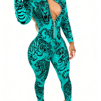 Women's Full-Body Animal Print Zipper Jumpsuit - Lightweight y Track Suit, Collar Tight-Suit for Casual Daily Wear & Outfits, Machine Washable Year-Round Wearable for y Outfits Suitable for Daily Outings & swear