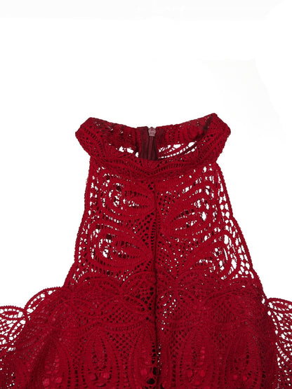 Women Hollow Out Lace Halter Dress, Crochet High Waist Pleated Maxi Dress Wedding Party Dress