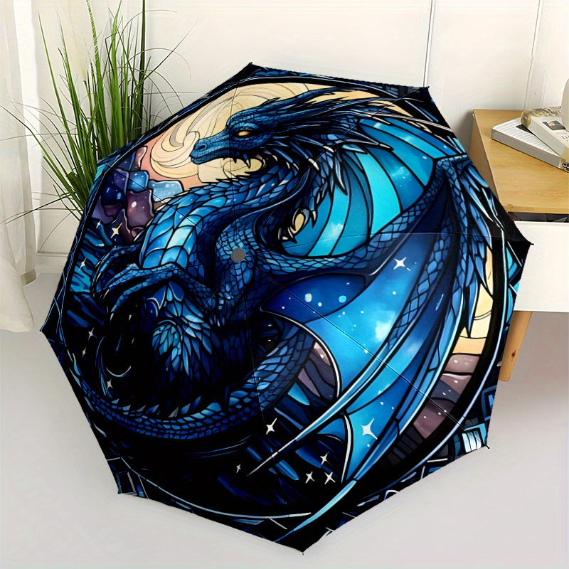 Automatic Open/Close Umbrella with One-Touch Button - Compact Folding Umbrella, Windproof 8-Rib Shaft, Auto Open Close, Portable for Travel, Commute, Everyday - Elegant Blue Dragon Design in Deep Blue & Golden Accents - All-S