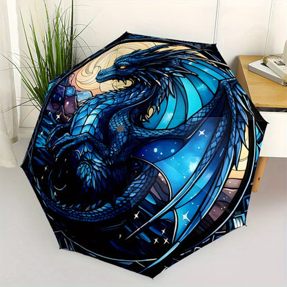 Automatic Open/Close Umbrella with One-Touch Button - Compact Folding Umbrella, Windproof 8-Rib Shaft, Auto Open Close, Portable for Travel, Commute, Everyday - Elegant Blue Dragon Design in Deep Blue & Golden Accents - All-S