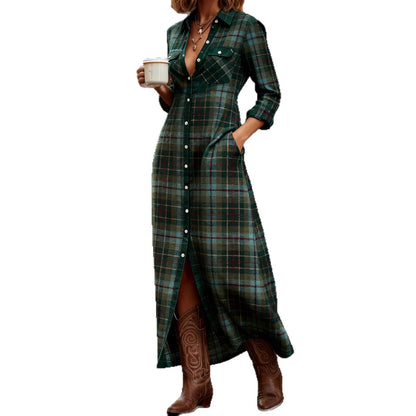 HERTALKA Fashionable Women's Dress with a Retro Checkered Long-sleeved Style