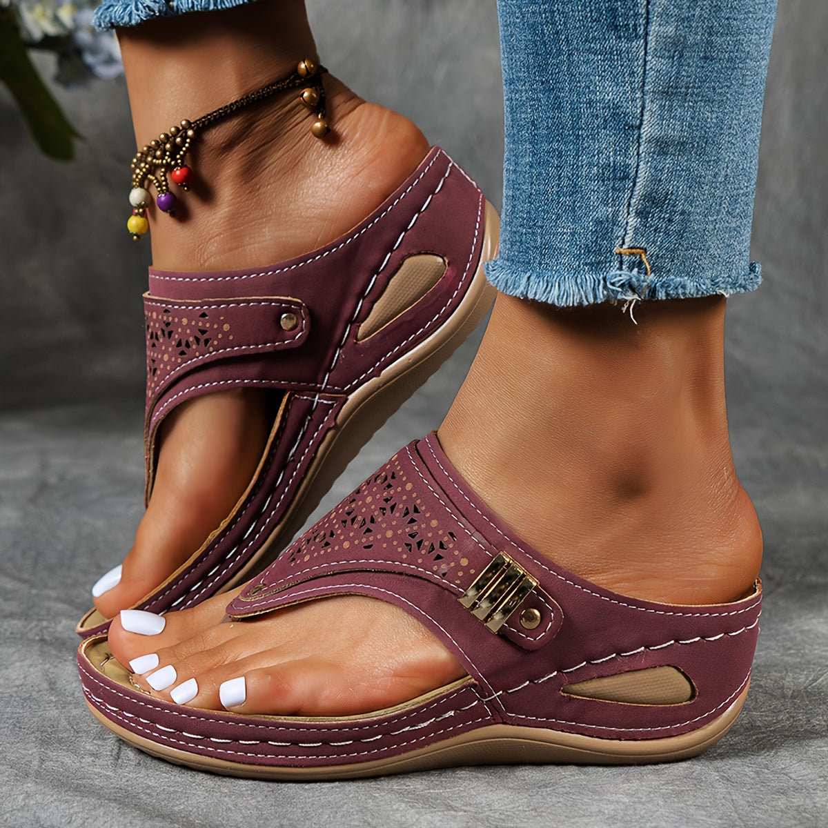Women's Non-Slip Slip-On Flip Flops - Thick Cushioned midsole, Beige/Tan/Black/Blue/Grey/White/ - PU/Polyurethane Platform Sandals for Gym, Beach, Everyday - Lightweight & Durable Casual Shoes, Beach Footwear, Decorative Perf