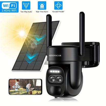 Solar-Powered PTZ Security Camera with 8x Zoom Dual Lens, 360° Auto Tracking, Human Detection, Two-Way Talk, Wireless WiFi, PoE Camera, Solar Panel, Outdoor Surveillance System for Home/Office/Business - Continuous Recording
