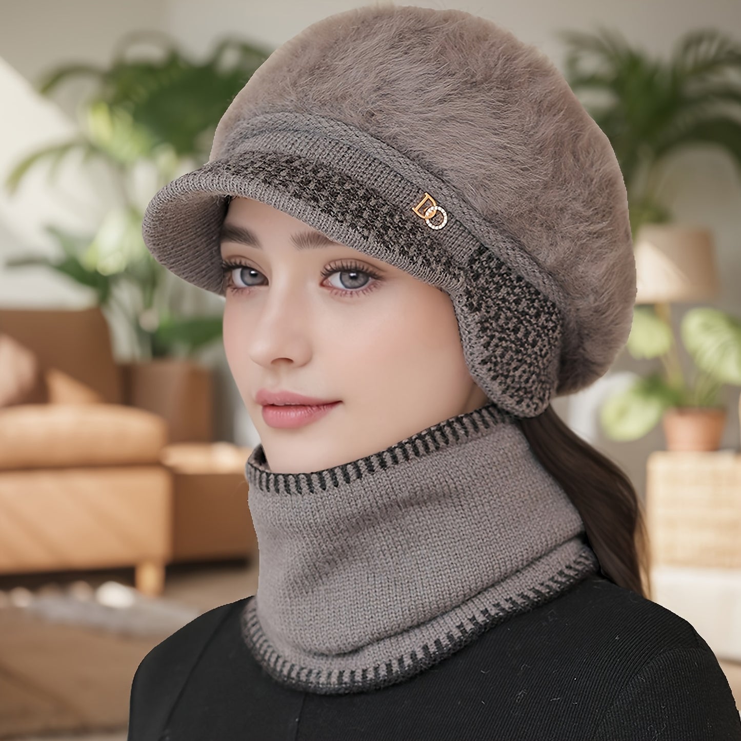 1pc Women's Winter Warm Ears- -like Hat with Elastic - Adjustable Toggle Closure, Soft Beige/Brown Tassels - Lightweight Warm for Elderly/Grandmothers/Mothers - Christmas/Hiking/Running - European-Inspired Gift (