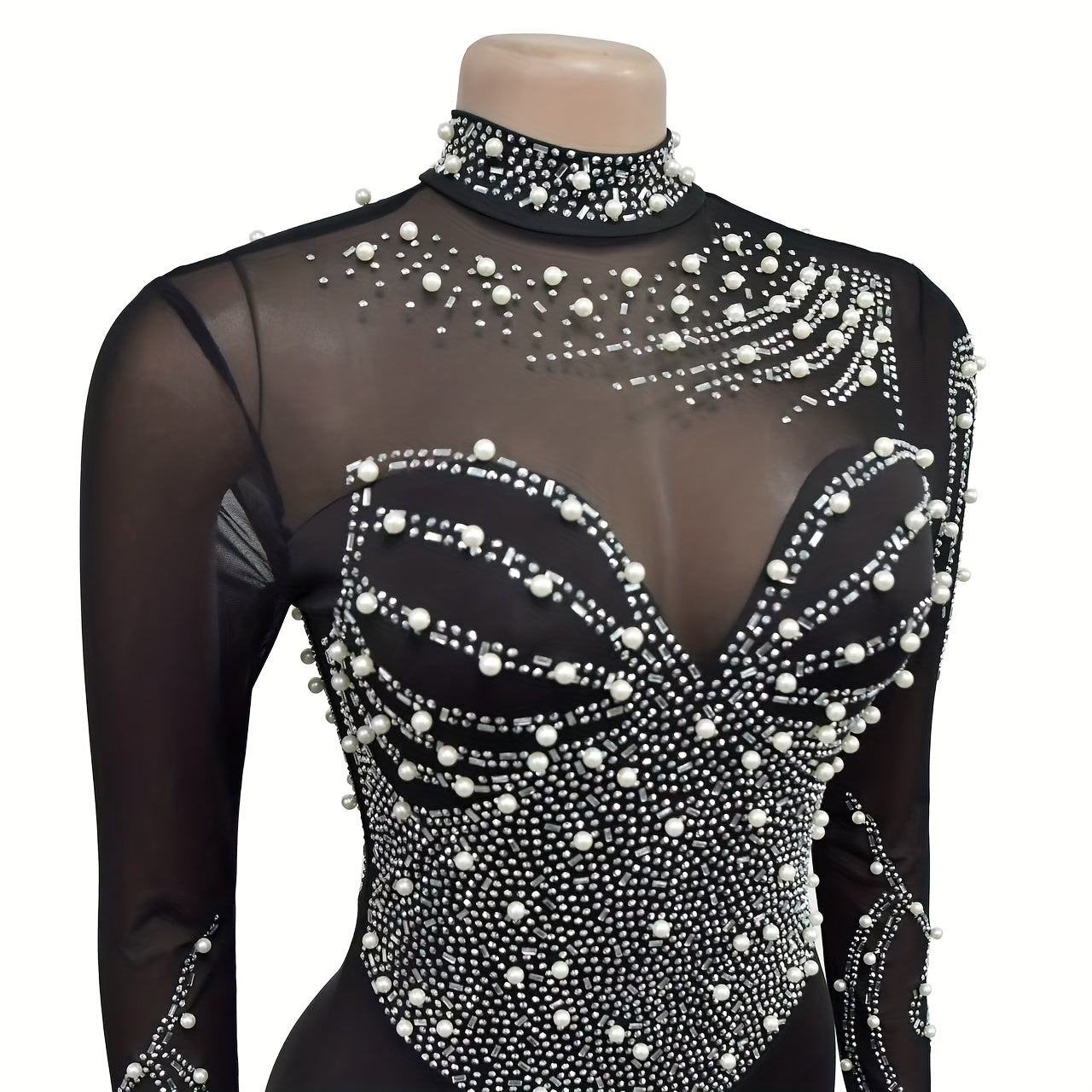 Elegant Women'S Black Jumpsuit with Pearl And Rhinestone Embellishments, Featuring Sheer Mesh Long Sleeves for Evening Events