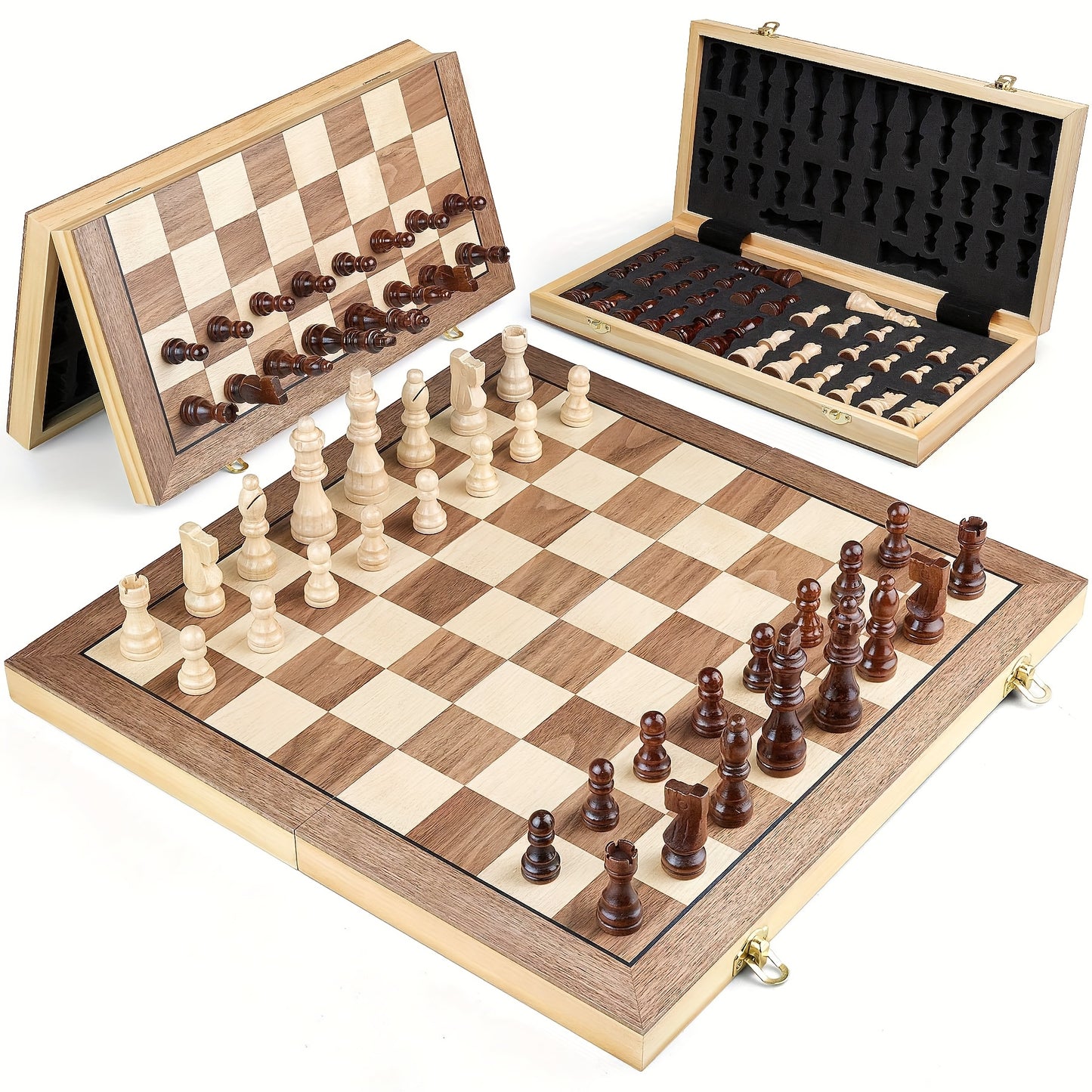15 Inches Magnetic Chess Set for Adult, Wooden Folding Chess Board Game ForTournament with HandmadePieces Including 2 Extra Queen Professional Beginner Ideal Birthday&Christmas Gift for Friends Family