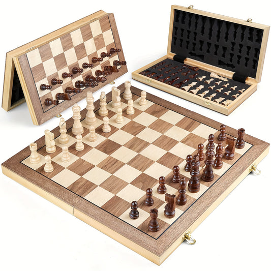 15 Inches Magnetic Chess Set for Adult, Wooden Folding Chess Board Game ForTournament with HandmadePieces Including 2 Extra Queen Professional Beginner Ideal Birthday&Christmas Gift for Friends Family