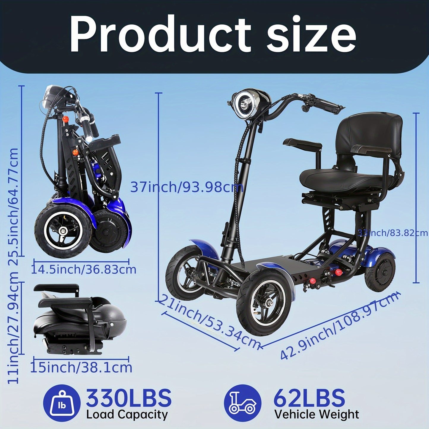 Folding Four-wheel Mobile Scooter for And Adults, Portable Electric Scooter with Basket, 3-speed Mode, 500W Dual Motors, 30 Mile Range, 11MPH, Lightweight And Compact Electric Scooter Foldable