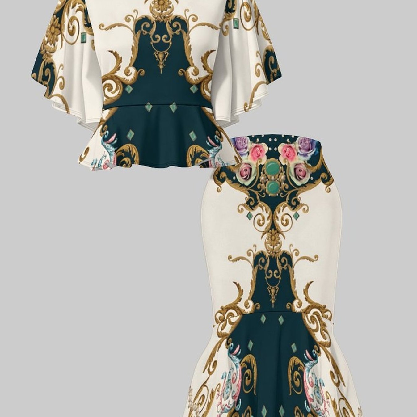2pcs Women'S 3D Printed Outfit | Short-Sleeve Top & Mermaid Hem Skirt with Vibrant Geometric All-Over Print, Unique Textures, Comfortable Fabric, Elegant & Trendy Style for Casual Outings