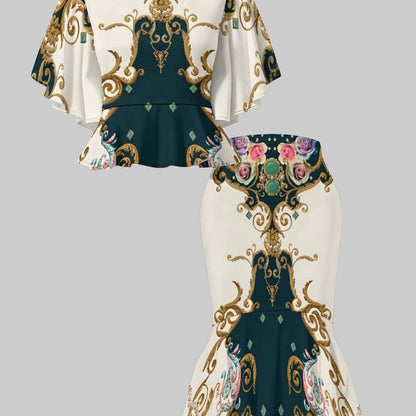 2pcs Women'S 3D Printed Outfit | Short-Sleeve Top & Mermaid Hem Skirt with Vibrant Geometric All-Over Print, Unique Textures, Comfortable Fabric, Elegant & Trendy Style for Casual Outings