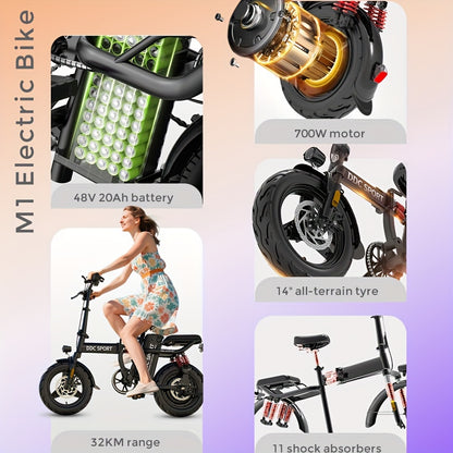 Foldable Electric Bike for Adults, 700W Peak Motor 48V 20Ah Removable Battery Ebike, 35 Miles 32km/h High - Speed, City Commuter, LCD Display, Dual Disc Brakes, for Men & Women (330 Lbs Capacity)