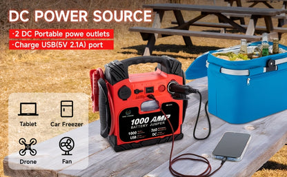Heavy-Duty 1000A Peak, 12000mAh Fast-Charging Jump Starter with USB/DC Output, Portable Car Battery Booster with LED Light, for Cars, Trucks, SUVs, Boats, RVs - Compatible with Lead Acid/Battery/USB Power - Ideal for Emergenc