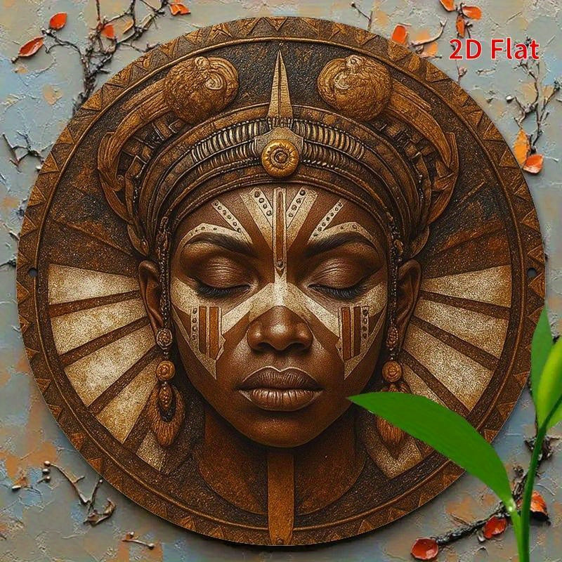 2D Flat, 1pc African Mask Round Metal Wall Art - Vibrant & Tranquil Decor for Living Room, Bedroom, Porch, Front Door - No Electricity Needed, Artistic Design with Textured Metal Finish, Perfect for Room Decor, African Home D