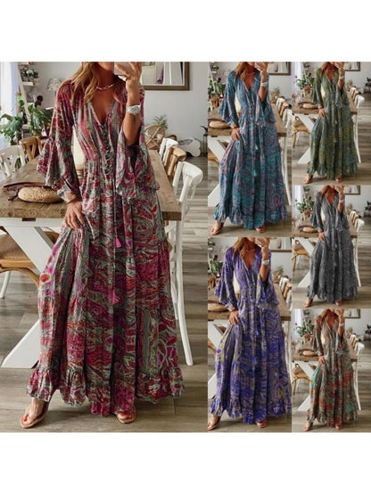 Women'S Autumn Fashion, Chic V-Neck Waist, A-Line Small Floral Design, Sophisticated Feminine Dress, Long Skirt