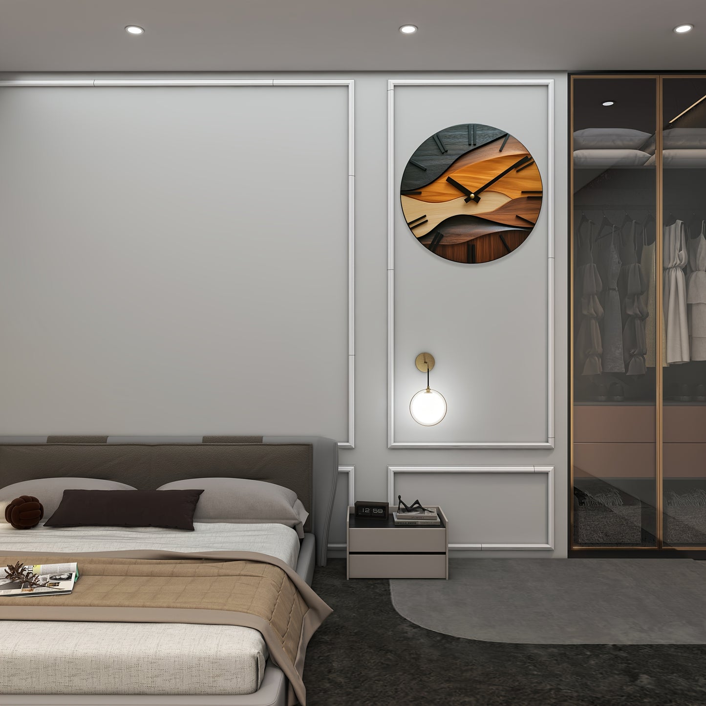 [Artistic Wall Clock] 12-inch Artistic Round Glass Wall Clock, Silent Non-Ticking High Quality Movement, 3mm Thickened Steel Tempered Glass, Faux Wood Grain Nordic Style with Corrugated Design | 1pc, Living Room Bedroom Home