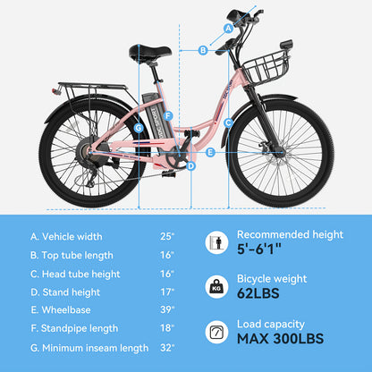 Sakura Pink Electric Bike for Adults, 500W Motor 7-Speed Commuter Ebike with 36V/10.4Ah Removable Battery, 20 MPH & 25-40 Miles Range, 24 Inch Electric Bike, Beach Cruiser Ebike for Women, Students & Commuters, Electric Bike