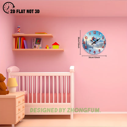 1pc Silent Non-Ticking Wall Clock with Skiing Scene in Snowy Mountains - Large Round - Quiet Movement, Wood Frame Suitable for Nursery, Room, Office, Christmas Holiday Decor - 10in & 12in Teaching Clock, 2D Flat