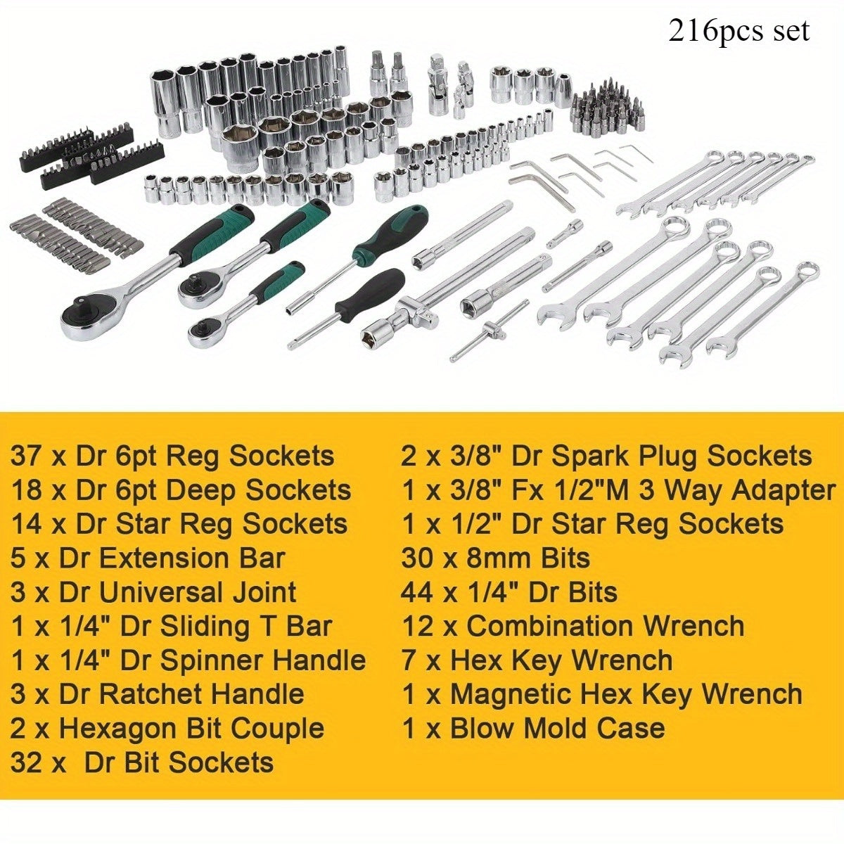 Black 46/215+1pc High-end Professional Tool Set, Auto/bicycle Repair Machinery Kit, 1/2 Inch *1/4 Inch 3/8 Inch Drive Depth And Standard Wrench Set, Race-grade Auto Parts Repair Ratchet Wrench And Other Auto Repair Accessorie