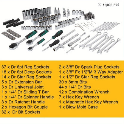 Black 46/215+1pc High-end Professional Tool Set, Auto/bicycle Repair Machinery Kit, 1/2 Inch *1/4 Inch 3/8 Inch Drive Depth And Standard Wrench Set, Race-grade Auto Parts Repair Ratchet Wrench And Other Auto Repair Accessorie