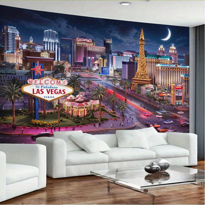 1pc Las Vegas Night Scene Polyester Banner - Vibrant Cityscape with Eiffel Tower, Lights, and "Welcome to Fabulous Las Vegas" Sign - Ideal for Home, Room, or Party Decor, Party Backdrop | Urban Night Theme | Durable Decor Mat