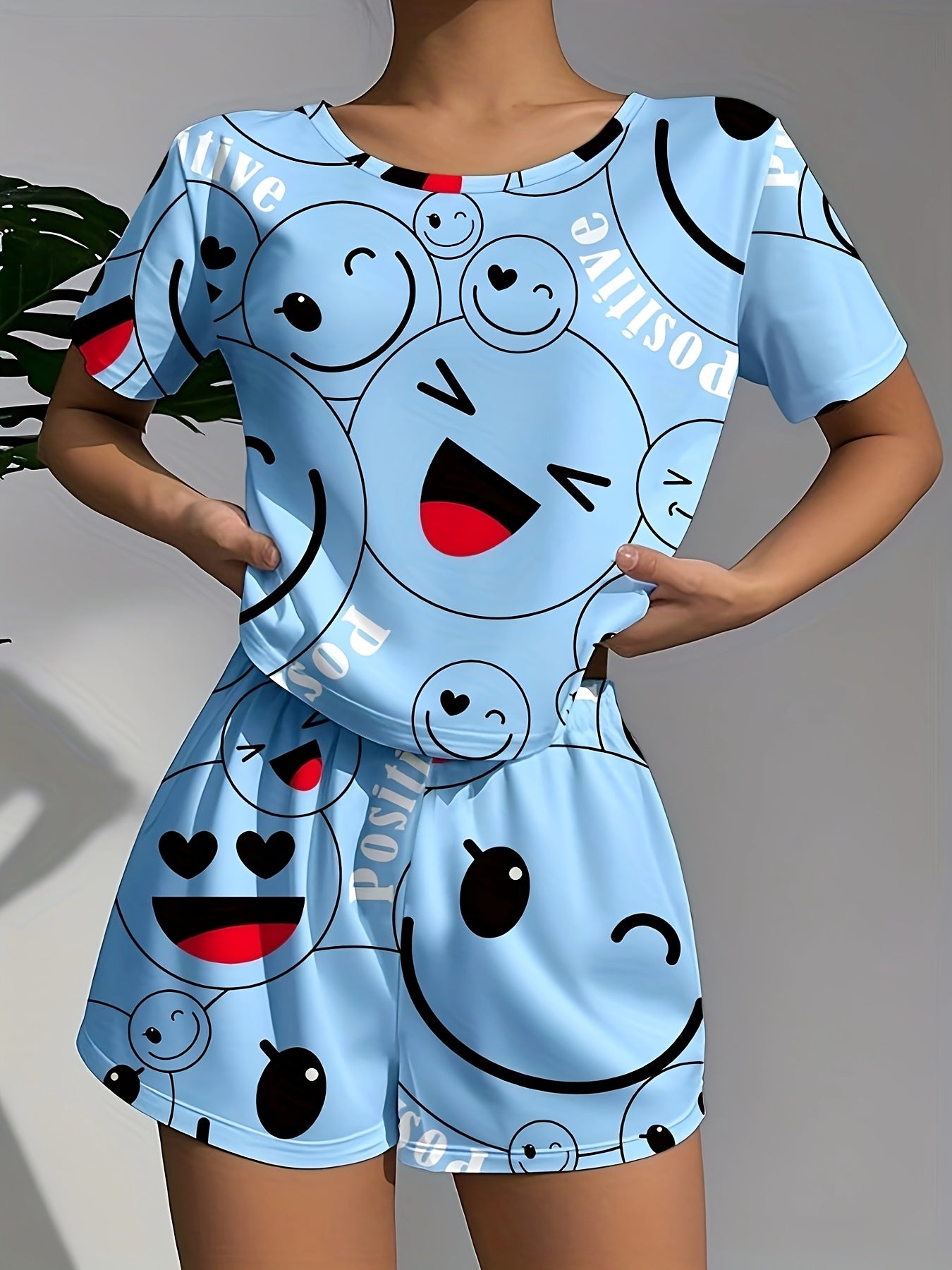 Women's Pajamas Women's Casual Sleepwear Happy Theme Patterned Pajama Set, Soft Loose Fit Short Sleeve Top with Elastic Pants, Machine Washable and Dry Cleanable, Perfect Sleeping Choice
