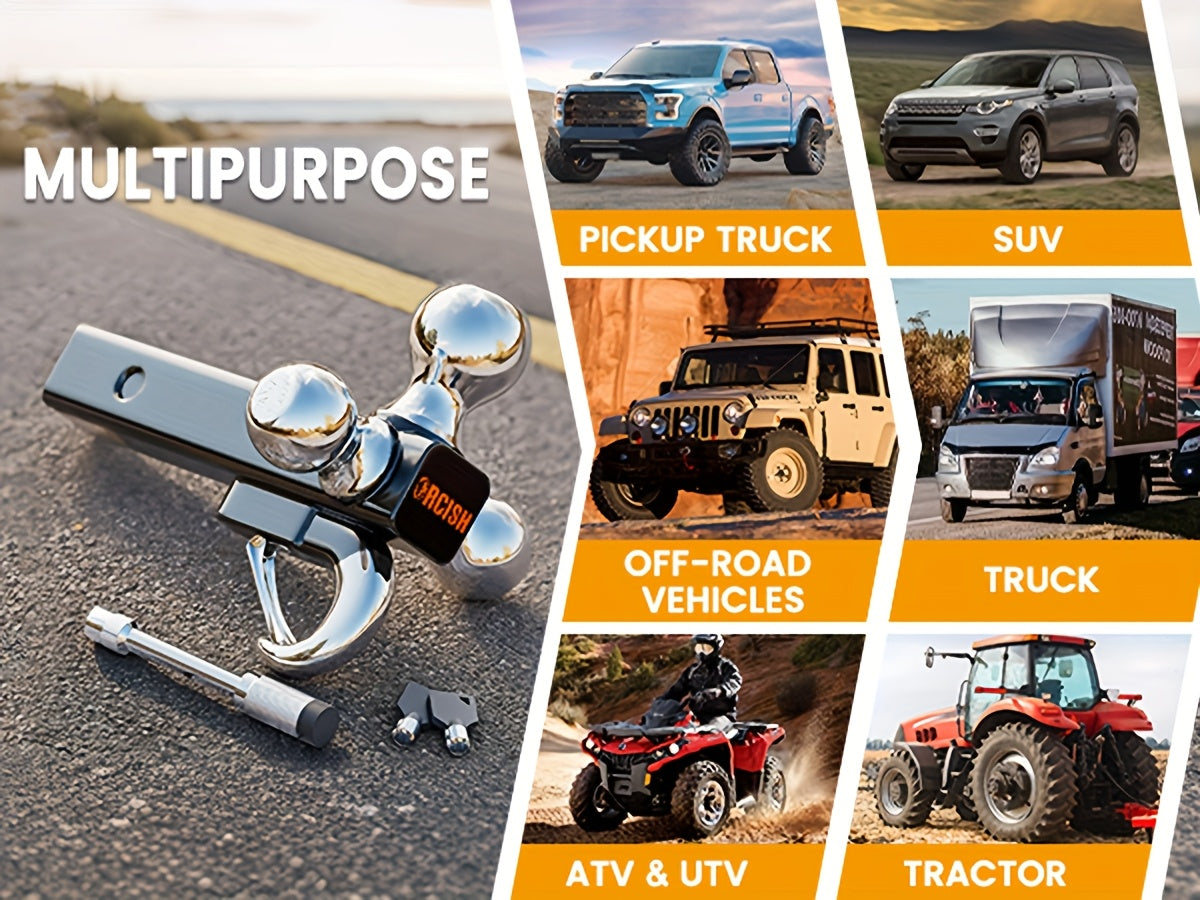 Trailer Hitch Tri-Ball Mount With Hook Contain Secure Self-Lock Latch, Hitch Ball Size 1-7/8", 2" And 2-5/16", Fit 2 Inch Hitch Receiver, Tow Hitch With Double Anti-Theft Pins Locks