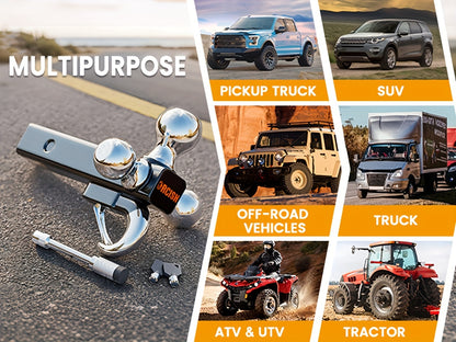 Trailer Hitch Tri-Ball Mount With Hook Contain Secure Self-Lock Latch, Hitch Ball Size 1-7/8", 2" And 2-5/16", Fit 2 Inch Hitch Receiver, Tow Hitch With Double Anti-Theft Pins Locks