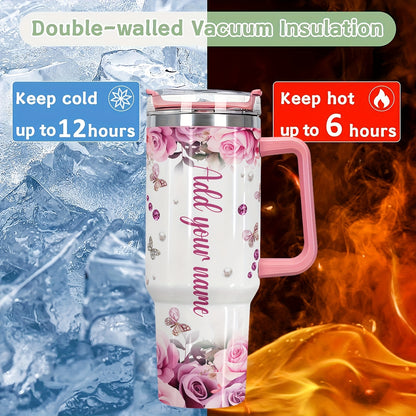 1pc Customized Name Stainless Steel Tumbler | 20oz/22oz/40oz Insulated Water with Lid, Reusable, Round Shape, 304 Stainless Steel, Ideal for Easter, Thanksgiving, Father'S Day, Mother'S Day, Graduation, White Diamond Butterfl