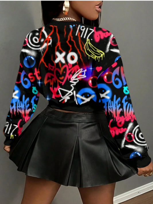 Women'S Oversized Graffiti Print Cropped Sweatshirt - All-Over Neon Graffiti Design, Vibrant Multicolor Streetwear Style, Warm Winter Pullover for Casual Outfits & Night Outfits, Trendy Layering Piece for Fall/Winter Layering
