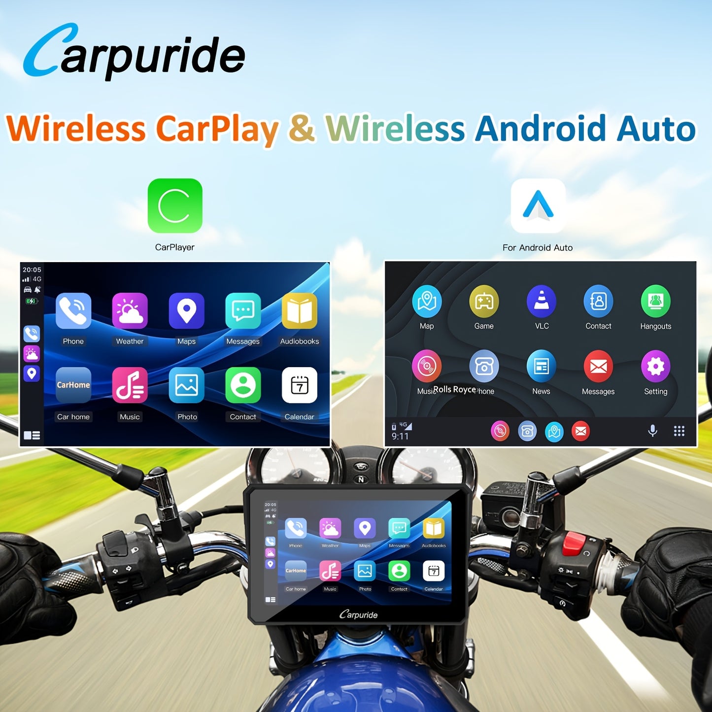 Carpuride W702 Wireless Carplay & Android Auto Screen for Motorcycle, 7 Inch IPS Touch Screen, Dual B-T, Built-in EQ, Car GPS, Voice Control, Siri, G00gle Assistant, IP67 Waterproofing, Navigation GPS, Easy to Install,