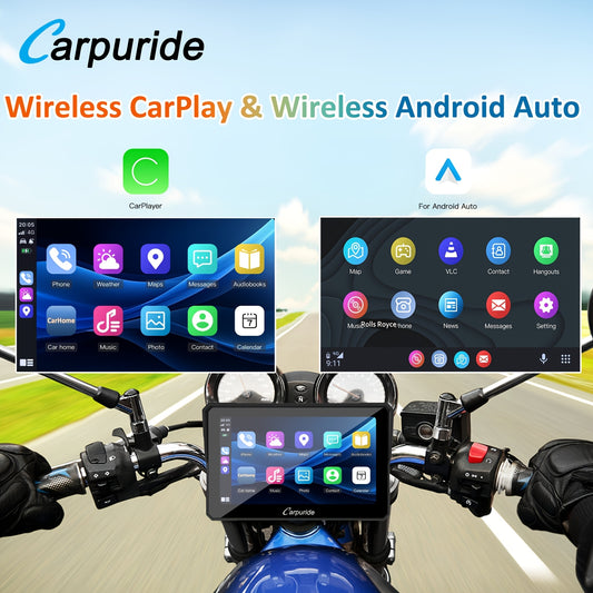 Carpuride W702 Wireless Carplay & Android Auto Screen for Motorcycle, 7 Inch IPS Touch Screen, Dual B-T, Built-in EQ, Car GPS, Voice Control, Siri, G00gle Assistant, IP67 Waterproofing, Navigation GPS, Easy to Install,