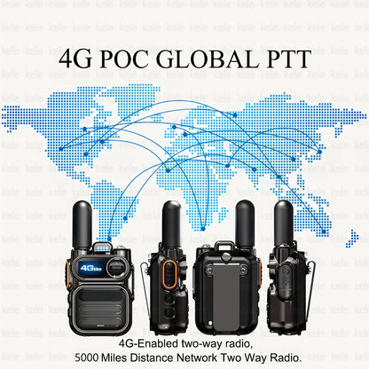 A set of 4 black global walkie-talkies for public use: 4G PoC walkie-talkies with powerful 4G signal, three types of lights that can be switched freely, easily covering 5000 kilometers, meeting the needs of home and professio