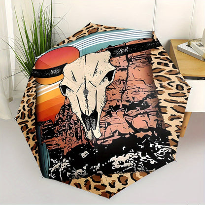 Automatic Open/Close Umbrella with Cow Skull & Desert Sunset Design - Leopard Print, Windproof 8-Rib Collapsible Umbrella, Portable All-Season Outdoor Accessory, Unique Gift for Christmas, Birthday, Festival, Umbrella Heavy D