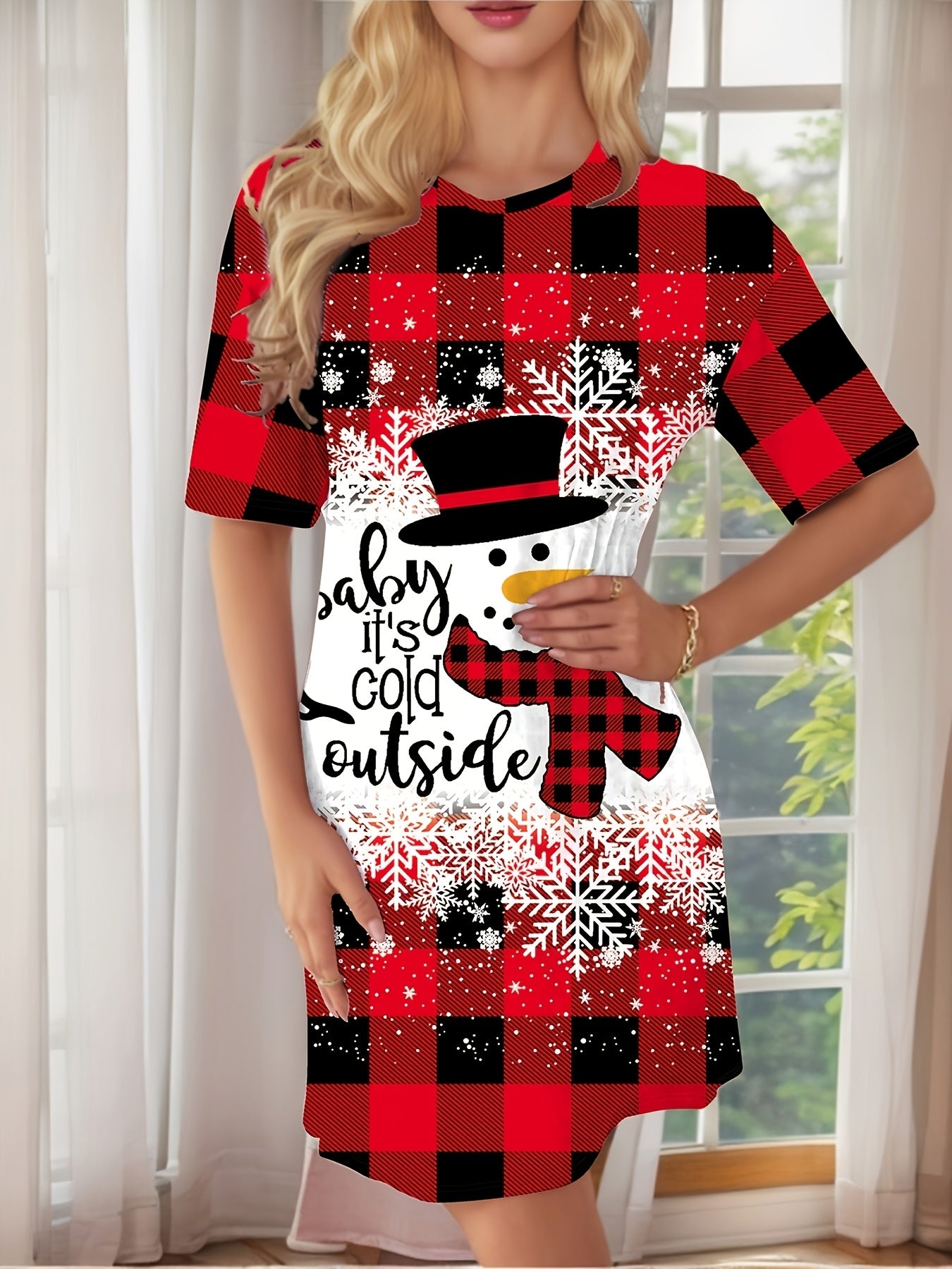 Red & Black Elegant Bohemian Plaid Dress with Snowman & Snowflake Print Women's All-Season Casual Sleepwear, Round Neck Short Sleeve A-Line Dress with Pockets, Comfortable Home Wear For Christmas, Halloween, Valentine'S Day -