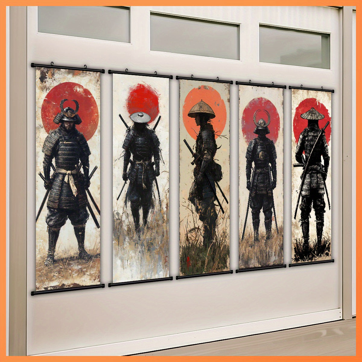 5pcs Samurai Sunset Scroll Wall Art Set - Anime-Themed Vertical Canvas Prints, Retro/Classic/Art Deco Hanging Posters for & , Male Warrior Decor for Living Room, Bedroom, Office - Ideal Gift for & History Buffs