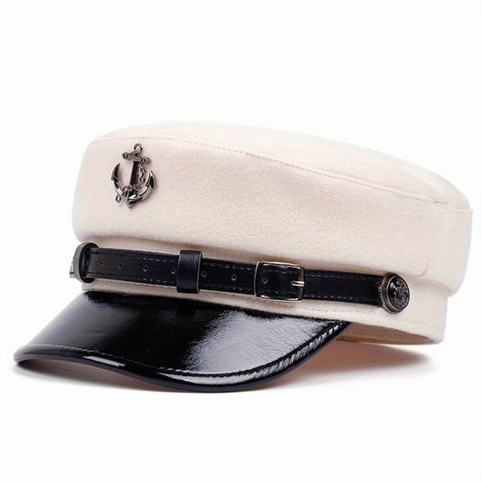 Men'S Punk Style Anchor Logo Beret Visor Cap - Adjustable Snap Closure, White & Black Nautical Design, Durable Polyester for Casual & Semi-Formal Outfits, Maritime-Inspired Fashion Accessory