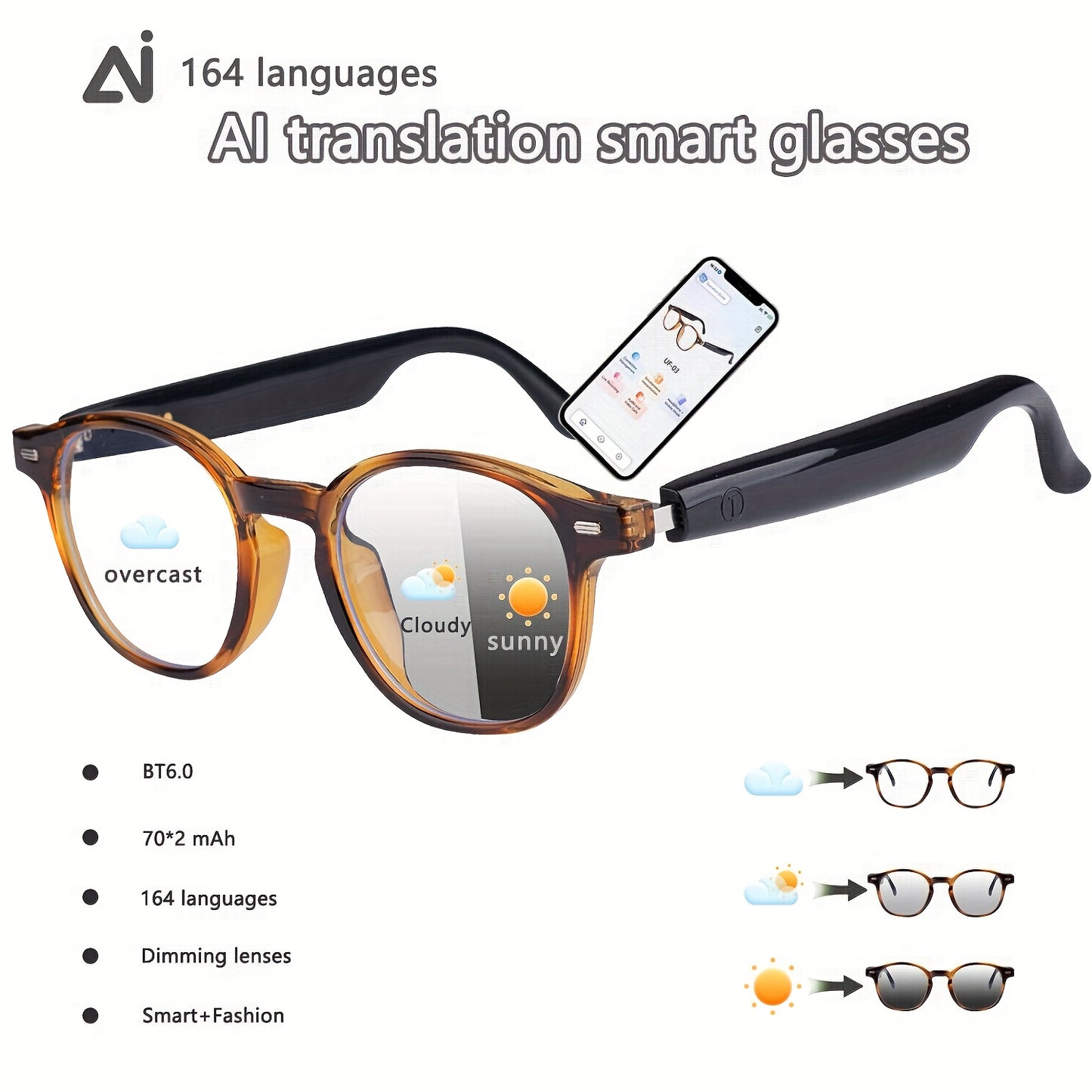 AI Smart Glasses, Smart Glasses with 160 Languages Real Time Translation Support, Chat GPT System, HVESBSFSYNew Multi-functional Audio Glasses for Men And Women, Built-in Microphone And Speaker, HD Voice Calls And HIFI Music