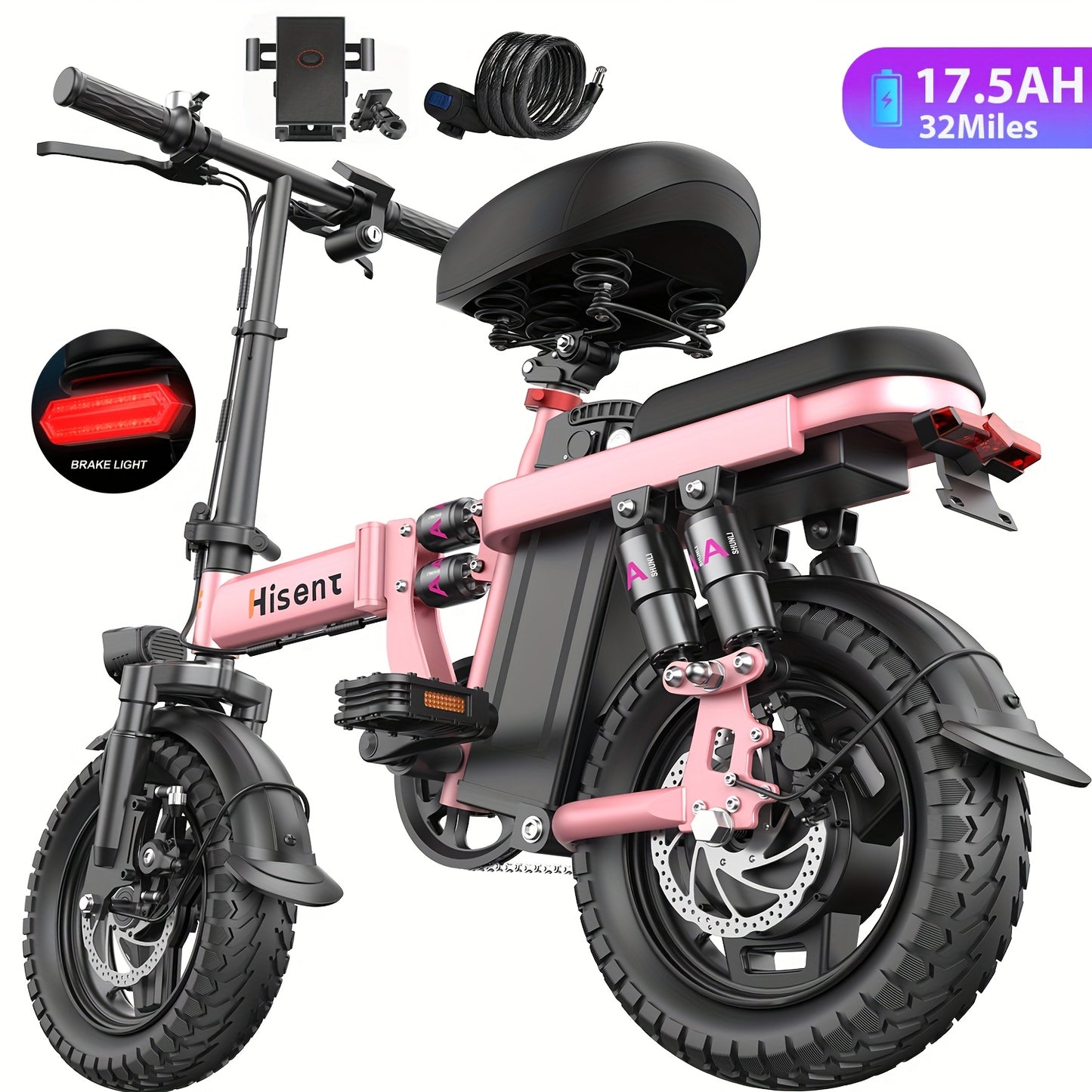 Hisent 740W Folding Electric Bike Is Suitable for Both Adults And Teenagers.14" Tires, 740W Brushless Motor, 48V 6A/10A/15A/17.5A Lithium Battery, Range Of 8-35 Miles, Multiple Shock Absorbers, Alloy Steel Frame, LCD Display