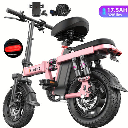 Hisent 740W Folding Electric Bike Is Suitable for Both Adults And Teenagers.14" Tires, 740W Brushless Motor, 48V 6A/10A/15A/17.5A Lithium Battery, Range Of 8-35 Miles, Multiple Shock Absorbers, Alloy Steel Frame, LCD Display