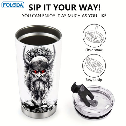 Foloda 20oz Viking Wolf Tumbler with Lid - Insulated Stainless Steel Travel Mug, Black & Red Norse Design, Keeps Drinks Hot/Cold, Perfect Gift for Men, Dad, Boys on Christmas, Valentine's, Father'S Day, Travel Coffee Mug|Viki