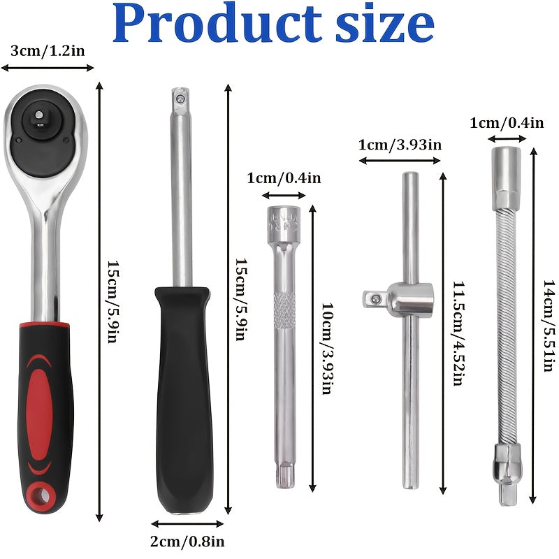 A Collection of 53 Mechanical Tool Kits, Including 1/2" And 1/4" Drive Depth And Standard Sockets, Ergonomic Handles, Ratchet Wrenches, Tools for Automotive And Bicycle Repairs, As Well As Household Maintenance Tools.
