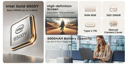 RNRUO 15.6-inch New Ultra-thin Laptop with Pentium 6500Y Processor, 8GB RAM SO-DIMM * 2 256GB SSD, Supports Dual Screen 4K High-definition Resolution, Stereo Four Speakers, TYPE-C Charging And PD Fast Charging, Rich Computer
