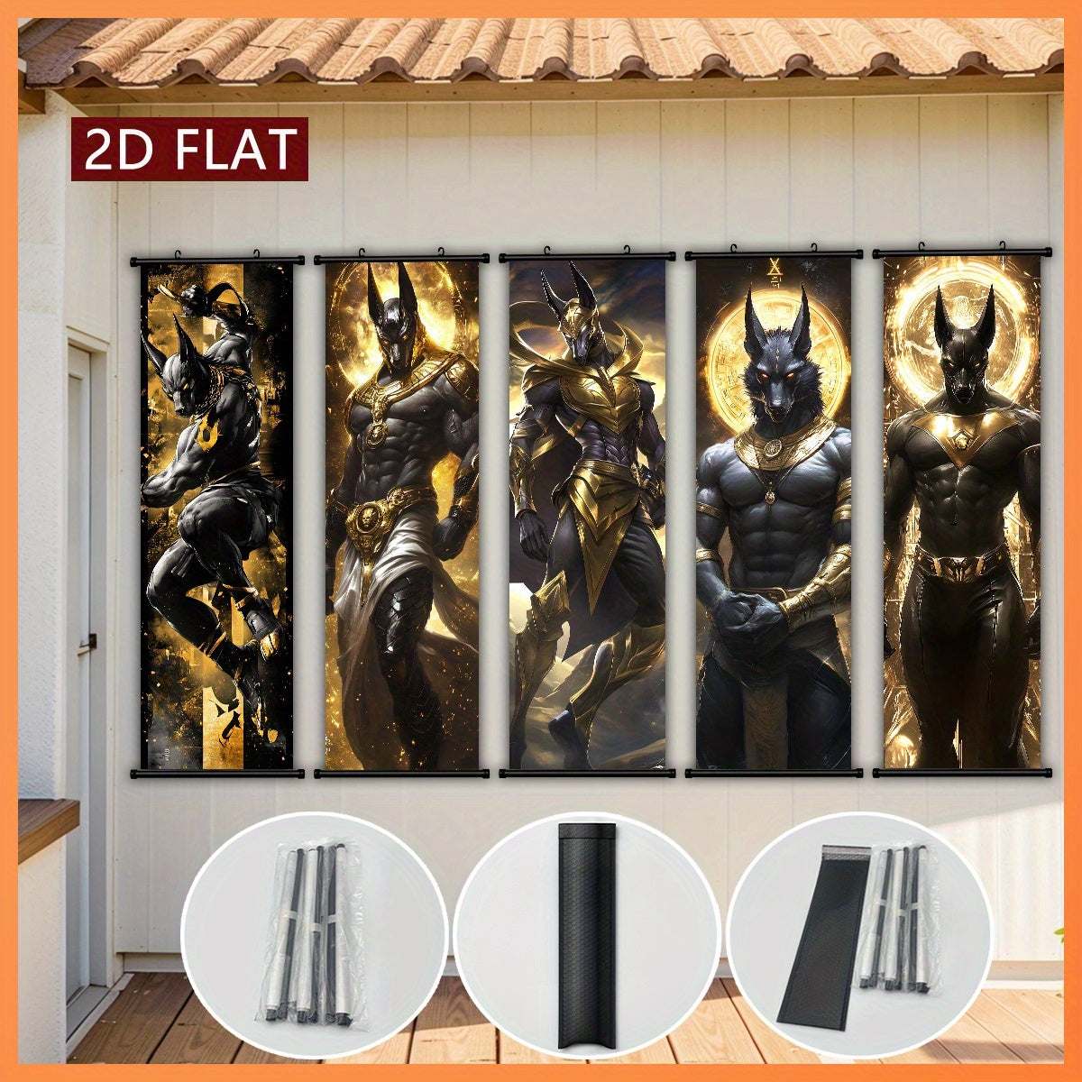 2D/Flat-5pcs Set of Framed Anubis Plastic Hanging Paintings, Retro Canvas Wall Art, Anime Scroll Painting Posters, Modern Home Decoration, Egyptian Theme Poster Pictures, with Plastic Frame Hooks