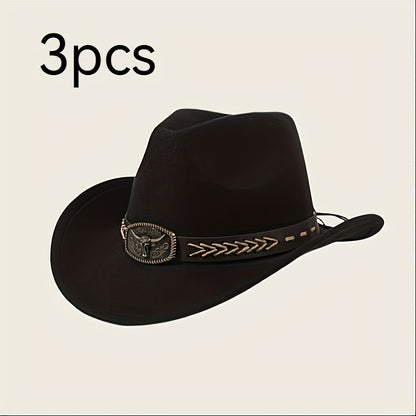 3pcs Unisex Western Cowboy Hats - Wide Brim Sun Protection, Metal Bull Head Buckle & Braided Faux Belt, Vintage Style for Outdoor Riding, Hiking, Rodeo (Black/Brown/White) | Classic Cowboy Style | Faux Fabric